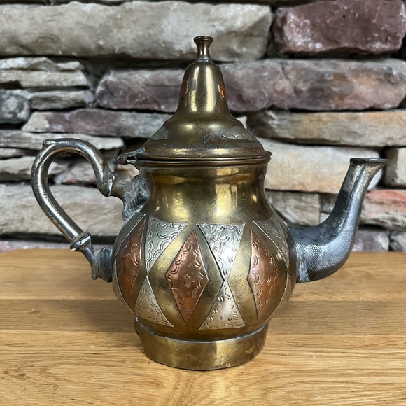 VTG Moroccan Teapot Handcrafted Silver Copper Brass Pieced Boho Decorative - Picture 5 of 8